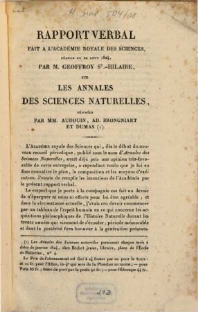 Rapport verbal fait à l'Académie Royale des Sciences : séance du 22. Aout 1824, sur les Annales des Sciences naturelles