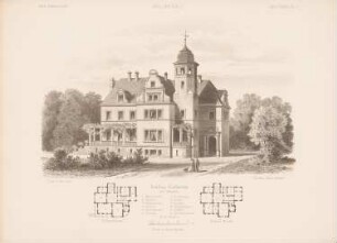 Schloss Liebstein, Görlitz: Grundrisse EG, 1. OG, Perspektivische Ansicht (aus: Architektonisches Skizzenbuch, H. 136/1, 1876)