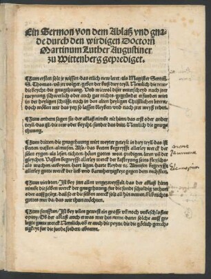 Ein Sermon von dem Ablaß und gnade durch den wirdigen Doctorn Martinum Luther Augustiner zu Wittenberg geprediget.
