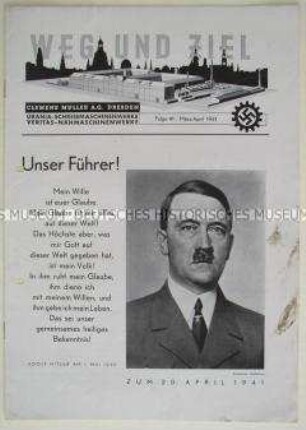 Betriebszeitung der Clemens Müller A.G. Dresden "Weg und Ziel" u.a. zum Geburtstag von Hitler