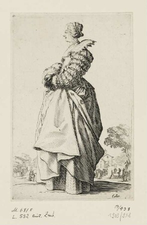 Edeldame mit Muff, im Profil nach links, Blatt 4 der Folge "Trachten des Lothringischen Adels"