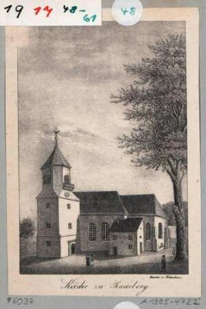 Die Kirche in Radeberg bei Dresden, 1486 gebaut, 1714 durch Brand zerstört, wiederaufgebaut, 1887 bis 1889, Umbau der Kirche (v. a. am Turm), Blatt Teil einer Serie von Renner und Ketzschau