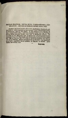 Gnädigste Verordnung, daß keine Kälber, so nicht vollkommen 3 Wochen alt sind, auch nicht an Ausländer verkauft werden sollen : Zweybrücken den 18 Sept. 1770.