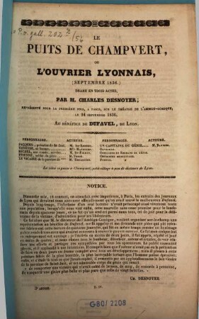 Le puits de Champvert, ou l'ouvrier lyonnais (septembre 1836) : drame en trois actes