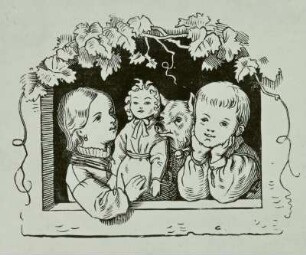 Mädchen mit Puppe, Spitz und Bub im offenen Fenster unter Weinlaub