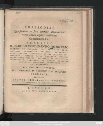 [T. 1], Coll. 4: Rhapsodia Quaestionum in foro quotidie obvenientium, neque tamen legibus decisarum