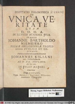 Disputatio Philosophica De Unica Veritate