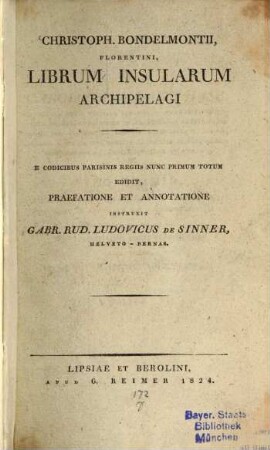 Christoph Bondelmontii Florentini librum insularum Archipelagi