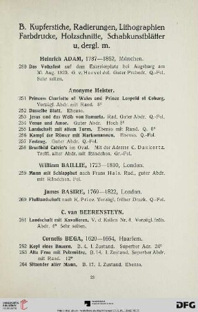 Kupferstiche, Radierungen, Lithographien, Farbdrucke, Holzschnitte, Schabkunstblätter (Nr. 250-418)