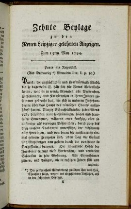Zehnte Beylage zu den Neuen Leipziger gelehrten Anzeigen. Zum 15ten May 1794.