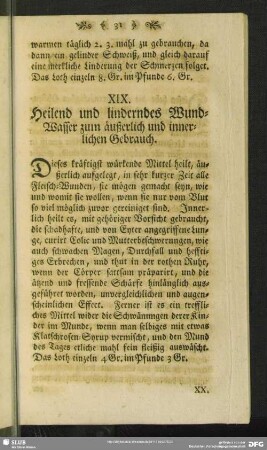 XIX. Heilend und linderndes Wund-Wasser zum äußerlich und innerlichen Gebrauch