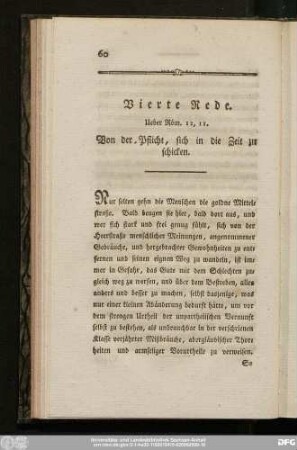 Vierte Rede. Ueber Röm. 12, 11. Von der Pflicht, sich in die Zeit zu schicken.