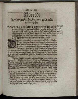 Vorrede über die zu Stade Ao.1702. gedruckte Foliant-Bibel.