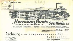 Rechnungsbogen der Landmaschinenfabrik Hermann Amos mit Firmenansicht