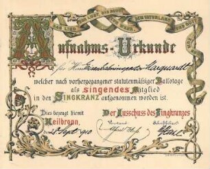 Aufnahmeurkunde für den Singkranz