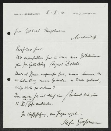 Brief von Stefan Großmann an Gerhart Hauptmann