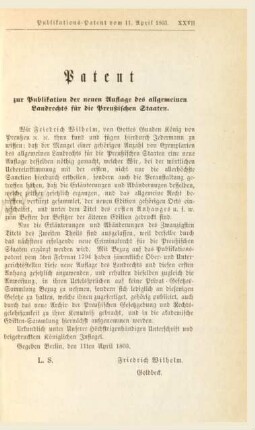 Patent zur Publikation der neuen Auflage des allgemeinen Landrechts für die Preußischen Staaten.