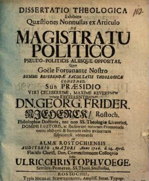 Diss. theol. exhibens quaestiones nonnullas ex articulo de magistratu politico