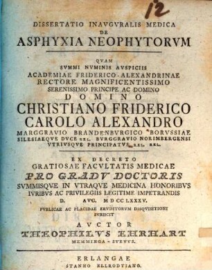 Dissertatio Inavgvralis Medica De asphyxia neophytorvm