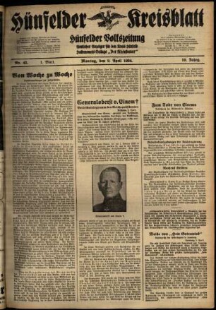 Erste Ausgabe vom Montag, den 09. April 1934.
