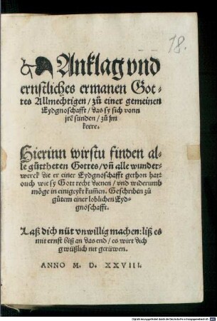 Anklag vnd ernstliches ermanen Gottes Allmechtigen zu einer gemeinen Eydgnoschafft das sy sich vonn jre[n] sünden zu jm keere ...