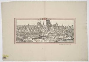 Ansicht von München, Holzschnitt, um 1493 : [Monacum] / [Hartmann Schedel. Holzschnitte von Michael Wolgemut, Wilhelm Pleydenwurff]. - [Nuremberge] : [Koberger] , [1493]. - 1 Ansicht : Holzschn. ; 53 x 20 cm. Titel fingiert. - Auch enth. in: Weltchronik / Hartmann Schedel [Bl.] CCXXVI