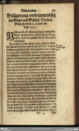 Belägerung und einnemu[n]g der Statt und Schloß Brefort. Geschehen den 12. Octob. im jahr 1597