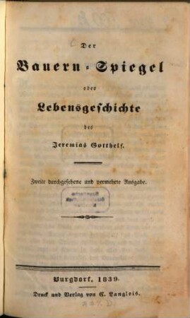 Der Bauern-Spiegel oder Lebensgeschichte des Jeremias Gotthelf