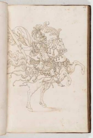Krieger in Prunkharnisch mit Turban und Speer auf einem springenden Pferd, in: Equestrium statuarum [...] formae [...] artificiosissime pictis, Bl. 48