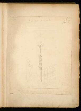 Treppenpfosten mit Kandelaber Monatskonkurrenz Januar 1868: Aufriss Seitenansicht; Maßstabsleiste