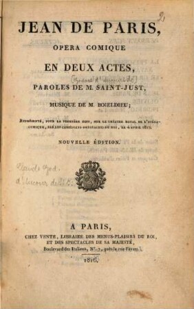 Jean de Paris : opéra comique en deux actes, paroles de Saint-Just