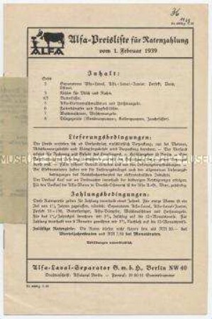 Alfa-Preisliste für Ratenzahlung vom 1.Februar 1939