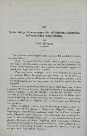 XII. Ueber einige Anwendungen der elliptischen Functionen auf sphärische Kegelschnitte.