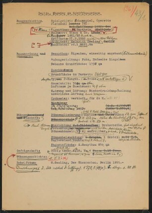 Theater am Schiffbauerdamm (auch: Neues Theater, Berliner Ensemble), Berlin: Schriftstück zum Fragebogen für das Handbuch »Das Deutsche Theater«, zwei Seiten