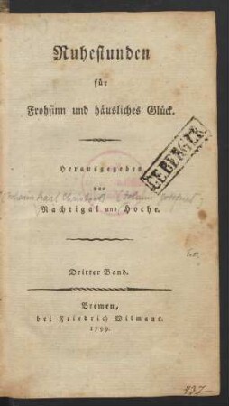 3. Band: Ruhestunden für Frohsinn und häusliches Glück