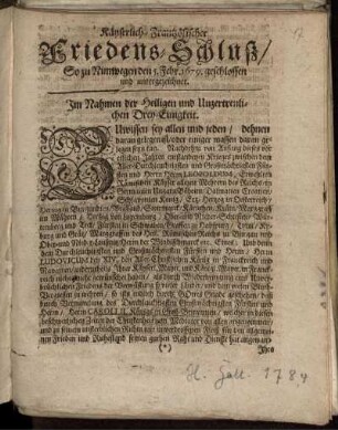 Käyserlich-Frantzösischer Friedens-Schluß/ So zu Nimwegen den 5. Febr. 1679. geschlossen und untergezeichnet
