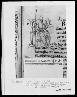 Chorbuch für die Prim — Initiale K (alendas) mit stehendem Krieger, Folio 31recto