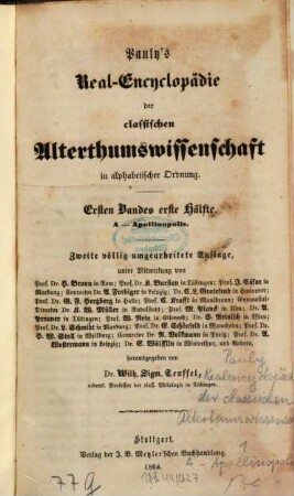 August Pauly's Real-Encyclopädie der classischen Alterthumswissenschaft in alphabetischer Ordnung, 1,1
