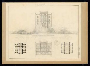 Jagdschloss Monatskonkurrenz März 1828: Grundriss Erdgeschoss, Obergeschoss, Querschnitt; 2 Maßstabsleisten