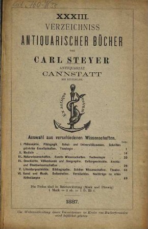 Verzeichniss antiquarischer Bücher von Carl Steyer, Antiquariat, Cannstatt bei Stuttgart. 33. 1887