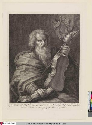 Portrait des Homers, der in seiner linken Hand eine Geige und in seiner rechten Hand ein Buch hält.