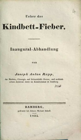 Über das Kindbett-Fieber : Inaug.-Abh.