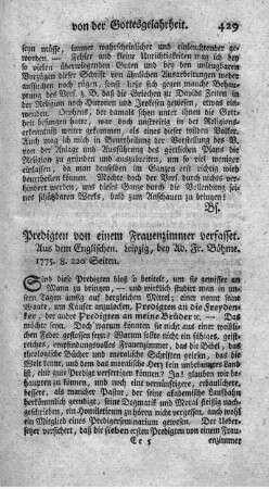 Predigten von einem Frauenzimmer verfasset. Bd.1.