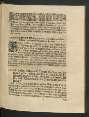 Nun folget das oben gedachte Theologische Responsum, durch welches von einer Christl. Theologischen Facultät der Hochlöbl. Friedrichs-Universität alhier zu Halle ...