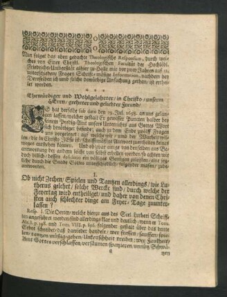 Nun folget das oben gedachte Theologische Responsum, durch welches von einer Christl. Theologischen Facultät der Hochlöbl. Friedrichs-Universität alhier zu Halle ...