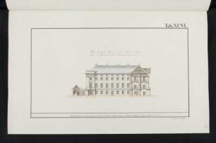 Kommandantenhaus, idealtypischer Entwurf, Querschnitt : Kommandantenhaus, idealtypischer Entwurf, Querschnitt, Johann Christian Götzschel, 1794. Feder, Pinsel in Wasserfarbe/Papier. 41,6 x 26,1 cm. Bez.: "Profil durch die Mitte eines Commendanten Hauses, woran die Dorische Säulen Ordnung angebracht ist.", "Tab. XCVI." und "Goetzschel. 1794." Maßstab mit Maßeinheit "Dr: Ellen" (100 Dresdner Ellen=14,9 cm).