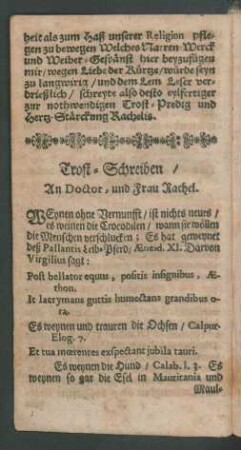 Trost-Schreiben/ An Doctor, und Rachel.