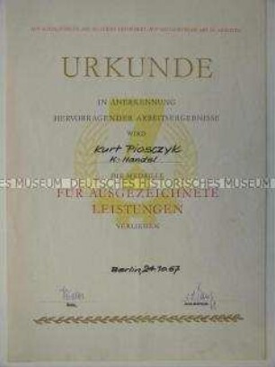 Urkunde des Kommissionshandels zur Medaille "Für ausgezeichnete Leistungen"