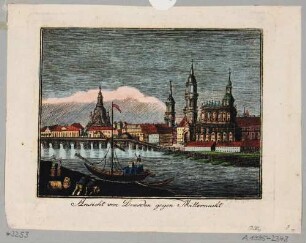 Stadtansicht von Dresden, Blick von der rechten Elbseite auf die Altstadt nach Südwesten, im Vordergrund Arbeiter mit ihren Booten