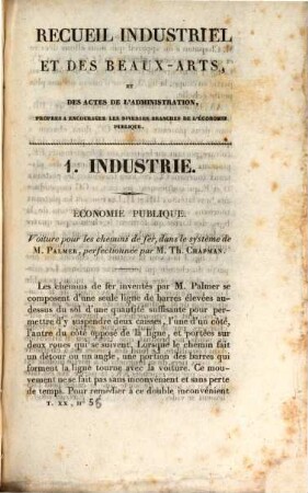 Recueil industriel, manufacturier, agricole et commercial, de la salubrité publique et des beaux-arts : auquel est réuni le Journal hebdomadaire des arts et métiers de l'Angleterre ; répertoire général des brevets d'invention. 20. 1831
